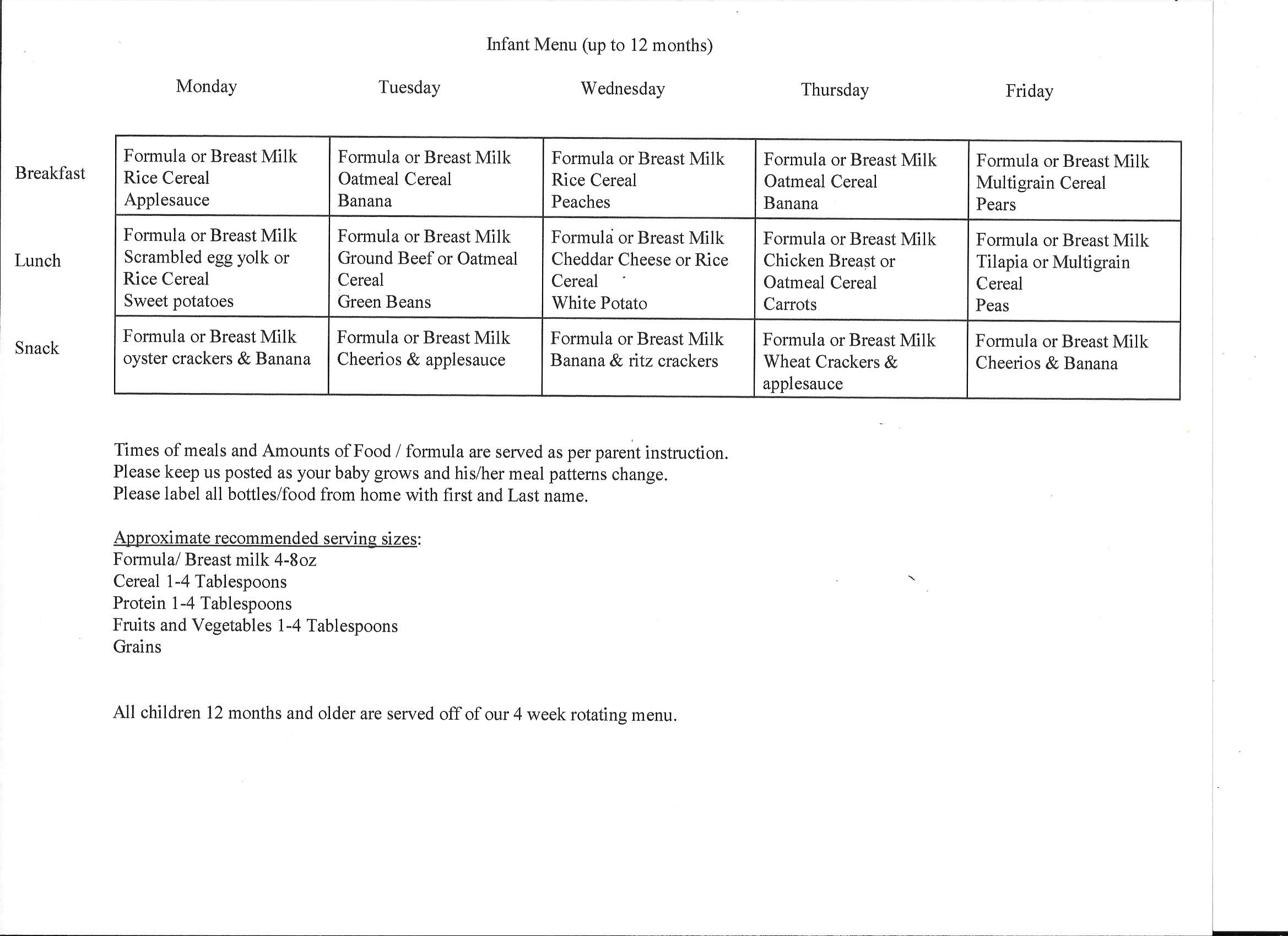 infant menu west seneca ny daycare